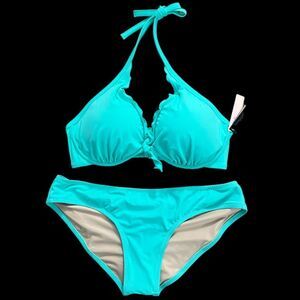 Victorias Secret Swim Capri Ruffle Bikini top Removable Push Up & Bottom 38C  XL
